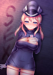 Rule 34 | 10s, 1girl, alternate costume, blonde hair, blue eyes, blush, breast suppress, breasts, cleavage, cleavage cutout, clothing cutout, condom wrapper, covered erect nipples, gloves, hat, highres, kantai collection, large breasts, long hair, looking at viewer, meme attire, open-chest sweater, panties, panty pull, peaked cap, pink panties, prinz eugen (kancolle), pussy juice, ribbed sweater, satou kuuki, seductive smile, smile, solo, sweater, tattoo, turtleneck, twintails, underwear, white gloves