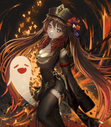 Rule 34 | 1girl, absurdres, adapted costume, alternate breast size, artist logo, black shorts, black thighhighs, breasts, brown hair, bug, butterfly, china dress, chinese clothes, colored tips, cowboy shot, dress, embers, fiery background, fire, floating hair, flower, flower-shaped pupils, from side, genshin impact, ghost, gold trim, gradient hair, grin, hat, hat flower, hat ornament, highres, holding, holding polearm, holding weapon, hu tao (genshin impact), insect, long hair, looking at viewer, looking to the side, medium breasts, multicolored hair, pelvic curtain, plum blossoms, polearm, porkpie hat, red eyes, red hair, saintgothsin, shorts, sleeves past wrists, smile, solo, staff of homa (genshin impact), symbol-shaped pupils, tassel, teeth, thighhighs, twintails, very long hair, weapon, wide sleeves