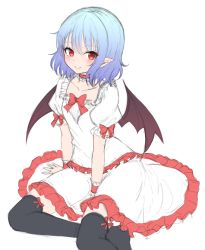 Rule 34 | 1girl, alternate costume, arm support, bat wings, between legs, black thighhighs, blue hair, blush, bow, bowtie, collarbone, dress, frills, full body, hand between legs, head tilt, junior27016, looking at viewer, no shoes, pointy ears, puffy short sleeves, puffy sleeves, red bow, red bowtie, red eyes, remilia scarlet, ribbon, short hair, short sleeves, simple background, sitting, smile, solo, thighhighs, touhou, white background, white dress, wings, wrist cuffs, yokozuwari