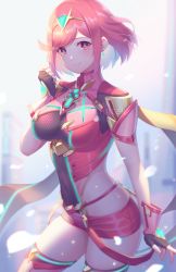 Rule 34 | 1girl, arm guards, armor, black gloves, breasts, chest jewel, closed mouth, commentary, covered navel, earrings, english commentary, fingerless gloves, gem, gloves, headpiece, jewelry, kaijuicery, large breasts, nintendo, pyra (xenoblade), red eyes, red hair, red shorts, short hair, short shorts, shorts, shoulder armor, sidelocks, smile, swept bangs, thighs, tiara, xenoblade chronicles (series), xenoblade chronicles 2