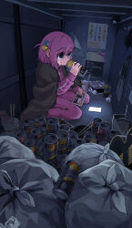 Rule 34 | 1girl, absurdres, alcohol, beer, beer can, blanket, blue eyes, bocchi the rock!, can, cellphone, chopsticks, commentary request, crying, crying with eyes open, desk lamp, drink can, drinking, dvd (object), gotoh hitori, guitar, highres, holding, holding photo, ijichi nijika, indoors, instrument, jacket, kita ikuyo, lamp, long hair, long sleeves, nissin cup noodle, osakechan0, pants, phone, photo (object), pink hair, pink jacket, pink pants, sitting, smartphone, solo, tears, track jacket, trash, trash bag, used tissue, yamada ryo