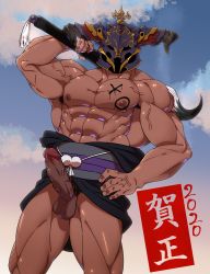 Rule 34 | 1boy, abs, absurdres, erection, granblue fantasy, helmet, highres, horns, male focus, mask, muscular, outdoors, pectorals, penis, smith (ardp13), solo, sword, weapon