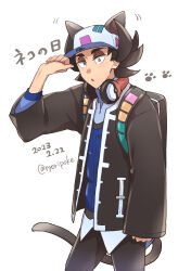 Rule 34 | 1boy, :o, animal ears, baseball cap, black eyes, blue vest, bright pupils, cat boy, cat ears, cat tail, commentary request, creatures (company), dated, eyeshadow, game freak, giacomo (pokemon), hand up, hat, headphones, highres, jacket, makeup, male focus, nintendo, nyoripoke, open clothes, open jacket, pants, pointy hair, pokemon, pokemon sv, shirt, solo, tail, team star, twitter username, vest, watermark, white background, white hat, white pupils