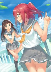 Rule 34 | 10s, 2girls, beach, black hair, black socks, blunt bangs, blush, day, dutch angle, green eyes, grey skirt, hair ornament, hairclip, hand on own chest, highres, kame^^, kneehighs, kurosawa dia, kurosawa ruby, leaf, loafers, long hair, looking at another, looking back, love live!, love live! sunshine!!, mole, mole under mouth, multiple girls, neckerchief, ocean, open mouth, pleated skirt, pointing, pointing up, railing, red hair, school uniform, serafuku, shirt, shoes, siblings, sisters, skirt, sleeveless, sleeveless shirt, smile, socks, standing, sweatdrop, thighs, two side up, walking