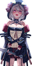 Rule 34 | 1girl, animal hood, bare shoulders, breasts, camisole, cleavage, fang, grey hair, hair between eyes, hair ornament, heart, heart-shaped pupils, highres, hololive, hood, jewelry, long hair, looking at viewer, medium breasts, necklace, open mouth, orca hood, purple eyes, sakamata chloe, shirt, smile, solo, sword, symbol-shaped pupils, thighs, uenoryoma, virtual youtuber, weapon, white background