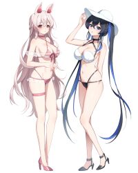Rule 34 | 2girls, absurdres, animal ears, arm up, bare arms, bare shoulders, bikini, black bikini, black choker, black footwear, blue eyes, blue hair, borrowed character, breasts, choker, cleavage, criss-cross halter, front-tie bikini top, front-tie top, full body, halterneck, hat, high heels, highres, large breasts, long hair, looking at viewer, mismatched bikini, multi-strapped bikini, multicolored hair, multiple girls, navel, original, parted lips, photo-referenced, pink bikini, pink choker, pink footwear, rabbit ears, simple background, standing, stomach, strap gap, string bikini, sun hat, swimsuit, thigh strap, thighs, twintails, two-tone hair, ugwa, very long hair, white background, white bikini, white headwear