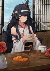 Rule 34 | 1girl, absurdres, black hair, braid, commission, cup, detached sleeves, flower, food, french braid, fruit, fusou (kancolle), hairband, headgear, highres, holding, holding cup, japanese clothes, kanmiya shinobu, kantai collection, kimono, long hair, nontraditional miko, parted lips, red eyes, ribbon-trimmed sleeves, ribbon trim, sash, sitting, skeb commission, sky, smile, sunlight, table, teacup, very long hair, window, wooden table