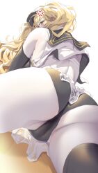 Rule 34 | 1girl, ahoge, anger vein, ass, black gloves, black hat, black sailor collar, black thighhighs, blonde hair, breasts, elbow gloves, gloves, granblue fantasy, hat, ion (cation), large breasts, looking at viewer, looking back, lying, microskirt, monika weisswind, monika weisswind (swimsuit) (granblue fantasy), official alternate costume, on stomach, sailor collar, single thighhigh, skirt, solo, thighhighs, thighs, twintails, visor cap, white skirt, yellow eyes