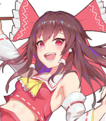 Rule 34 | 1girl, :d, arm up, ascot, bare shoulders, bow, breasts, brown hair, commentary request, detached sleeves, frilled bow, frills, gohei, hair bow, hair tubes, hakurei reimu, hand up, holding, kuhnowushi, long hair, long sleeves, looking at viewer, medium breasts, midriff, navel, open mouth, red bow, red eyes, red skirt, ribbon-trimmed sleeves, ribbon trim, sidelocks, simple background, skirt, smile, solo, stomach, touhou, upper body, white background, wide sleeves, yellow ascot