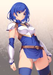 Rule 34 | 1girl, armor, ass, blue eyes, blue hair, boots, breasts, brown footwear, cameltoe, catria (fire emblem), covered navel, detached sleeves, fire emblem, fire emblem: mystery of the emblem, fire emblem: shadow dragon and the blade of light, gluteal fold, gradient background, headband, kirishima satoshi, knight, medium breasts, nintendo, panties, pantyshot, pegasus knight uniform (fire emblem), short hair, side slit, sleeveless, solo, thighhighs, thighhighs under boots, underwear, white background, white headband, white panties