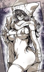 Rule 34 | 1girl, ass, bikini, bikini top only, blush, breasts, cleavage, commentary request, cowboy shot, eyes visible through hair, glasses, hair between eyes, hat, heart, heart-shaped pupils, highres, large breasts, long hair, long sleeves, looking at viewer, mask, monochrome, mouth mask, original, scarf, solo, surgical mask, swimsuit, symbol-shaped pupils, takatsuki ichi, thighhighs, v, watermark