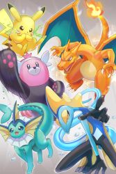 Rule 34 | arm up, bewear, charizard, claws, commentary request, creatures (company), electricity, fangs, fire, fire, flame-tipped tail, game freak, gen 1 pokemon, gen 7 pokemon, gen 8 pokemon, green eyes, highres, inteleon, mitama (mokochiko), motion blur, nintendo, open mouth, pikachu, pokemon, pokemon (creature), smile, tongue, vaporeon