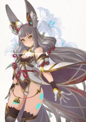 Rule 34 | 1girl, animal ear fluff, animal ears, bare shoulders, bell, black leotard, breasts, brown eyes, cleavage, closed mouth, commentary request, detached sleeves, floral background, flower, gloves, glowing, grey background, grey hair, groin, highleg, highleg leotard, highres, jingle bell, leotard, long hair, looking at viewer, low twintails, nia (blade) (xenoblade), nia (xenoblade), nintendo, niyah, small breasts, solo, spoilers, thighhighs, twintails, v-shaped eyebrows, very long hair, white flower, white gloves, white sleeves, white thighhighs, wide sleeves, xenoblade chronicles (series), xenoblade chronicles 2, yunar
