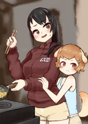 Rule 34 | 1boy, 1girl, :t, @ @, age difference, animal ears, black eyes, black hair, blurry, blurry background, blush, brown eyes, brown hair, chopsticks, cookig, cooking, depth of field, dog boy, dog ears, dog tags, dolphin shorts, embarrassed, frying pan, hair over shoulder, hand up, height difference, hetero, holding, holding chopsticks, jacket, long hair, long sleeves, nijitama shiyushiyu, original, pout, red jacket, shorts, smile, sweat, yellow shorts