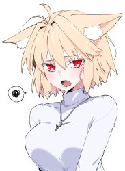 Rule 34 | 1girl, ahoge, animal ears, arcueid brunestud, artist name, blonde hair, breasts, cat ears, citron80citron, highres, jewelry, medium breasts, necklace, red eyes, sharp teeth, shirt, simple background, slit pupils, solo, sweater, teeth, tsukihime, tsukihime (remake), turtleneck, turtleneck sweater, upper body, white background, white shirt