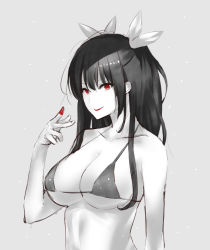 Rule 34 | 10s, 1girl, bare shoulders, bikini, bikini top only, black hair, breasts, cleavage, hair ornament, highres, large breasts, lips, lipstick, long hair, looking at viewer, makeup, monochrome, rakudai kishi no cavalry, red eyes, smile, solo, stella vermillion, swimsuit, upper body