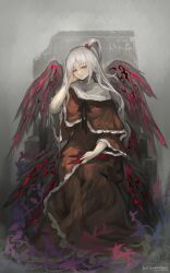 Rule 34 | 1girl, absurdres, black ribbon, black wings, capelet, commentary, dress, grey hair, hair bobbles, hair ornament, hand on own cheek, hand on own face, highres, long dress, long hair, neck ribbon, one eye closed, one side up, parted lips, red capelet, red dress, ribbon, shinki (touhou), shirt, sitting, solo, symbol-only commentary, touhou, touhou (pc-98), white hair, white shirt, wide sleeves, wings
