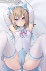 Rule 34 | 1girl, :d, animal ear fluff, animal ear headwear, animal ears, arms behind head, arms up, ass, bare shoulders, bell, blue choker, blue eyes, blue leotard, blush, bow, bowtie, breasts, brown hair, cameltoe, cat ears, cat tail, choker, cleft of venus, covered navel, detached collar, elbow gloves, embarrassed, fake animal ears, fake tail, frown, gabriel evangel, gloves, hair between eyes, highres, knees up, legs up, leotard, looking at viewer, lying, m legs, medium hair, neck bell, neptune (series), on back, open mouth, paid reward available, rom (neptunia), sidelocks, signature, skindentation, small breasts, smile, solo, spread legs, tail, thighhighs, thighs, two-tone leotard, white gloves, white leotard, white thighhighs