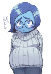 Rule 34 | 1girl, artist request, blue eyes, blue hair, blue skin, colored skin, glasses, inside out, sadness (inside out), sweater, tears, translation request