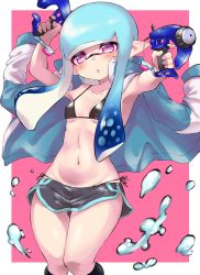 Rule 34 | 1girl, :o, air bubble, arm up, bikini, bikini under clothes, black bikini, black shorts, black socks, blue hair, blue jacket, blunt bangs, blunt ends, blush, border, breasts, bubble, commentary, dapple dualies (splatoon), dolphin shorts, dual wielding, half-closed eyes, highres, holding, holding weapon, inkling, inkling girl, inkling player character, jacket, jacket on shoulders, long hair, looking at viewer, navel, nintendo, open mouth, outside border, penguin maru (penginmaru), pink background, pointy ears, purple eyes, short shorts, shorts, side-tie bikini bottom, small breasts, socks, solo, splatoon (series), standing, string bikini, swimsuit, tentacle hair, weapon, white border