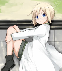 Rule 34 | 1girl, blonde hair, blue eyes, blush, boots, glasses, lab coat, military, military uniform, short hair, smile, solo, strike witches, strike witches: suomus misfits squadron, tsuchii (ramakifrau), uniform, ursula hartmann, world witches series
