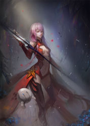 Rule 34 | 1girl, anima 08, bare shoulders, black legwear, breasts, center opening, cleavage, debris, detached sleeves, dress, elbow gloves, fingerless gloves, gloves, guilty crown, highres, holding, holding weapon, long hair, navel, pink hair, red dress, red eyes, robot, solo, stomach, twintails, void (guilty crown), weapon, yuzuriha inori