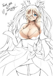 Rule 34 | 1girl, blue eyes, breasts, bug, butterfly, butterfly eyepatch, character request, choker, cleavage, cloud kingdom, dress, eyepatch, female focus, flower, insect, large breasts, long hair, monochrome, original, pas (paxiti), short hair with long locks, simple background, solo, spot color, thank you, twintails, two side up, unfinished, very long hair