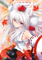 Rule 34 | 1girl, absurdres, alternate hair length, alternate hairstyle, animal ears, blush, breasts, detached sleeves, hat, highres, inubashiri momiji, leaf, long hair, looking at viewer, maple leaf, red eyes, sarashi, shield, sideboob, solo, sword, tail, tokin hat, touhou, weapon, white hair, wolf ears, wolf tail, wolflong