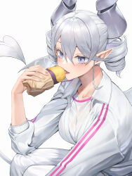 Rule 34 | 1girl, absurdres, alternate costume, breasts, cleavage, demon girl, demon horns, demon wings, duel monster, food, grey eyes, hair between eyes, highres, horns, jacket, large breasts, long sleeves, looking at viewer, lovely labrynth of the silver castle, low wings, pants, pointy ears, roasted sweet potato, sayaka ikku, simple background, solo, sweet potato, track jacket, track pants, track suit, twintails, white background, white hair, wings, yu-gi-oh!