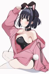 Rule 34 | 1girl, animal ears, bare shoulders, belt collar, black choker, black leotard, blunt bangs, blush, breasts, brown eyes, choker, cleavage, collar, from side, hand up, highres, hood, hoodie, large breasts, leotard, long sleeves, looking at viewer, open clothes, open hoodie, original, pink hoodie, pink nails, rabbit ears, rabbit girl, short hair, short twintails, sitting, sleeves past wrists, solo, thighhighs, twintails, uiri-na, white background, white thighhighs, zipper