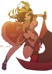 Rule 34 | 1girl, axe, bike shorts, blue eyes, breasts, brown hair, cleavage, cleavage cutout, clothing cutout, commentary request, crop top, dark-skinned female, dark skin, feathers, final fantasy, final fantasy ix, fingerless gloves, fur trim, gloves, headband, huge weapon, kogome (azalea4), lani (ff9), large breasts, long hair, looking at viewer, midriff, navel, smile, solo, weapon