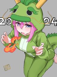 Rule 34 | 1girl, 2024, animal costume, artist request, barefoot, blue eyes, bocchi the rock!, breath weapon, breathing fire, dragon costume, eyes visible through hair, female focus, fire, from above, full body, gotoh hitori, grey background, highres, kneeling, knees together feet apart, open mouth, pink hair, simple background, solo focus