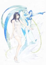 Rule 34 | 2girls, black hair, blue skin, breasts, closed mouth, colored skin, dress, final fantasy, final fantasy viii, full body, high heels, jewelry, long hair, multiple girls, necklace, noie (neunteedelstein), rinoa heartilly, shiva (final fantasy), simple background, white background