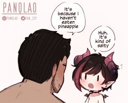 Rule 34 | 1boy, 1girl, artist name, black hair, brown hair, choker, collarbone, cum, english text, fang, looking at another, multicolored hair, original, pan (panqlao), panqlao, pointy ears, red hair, short hair, simple background, speech bubble, two-tone hair