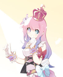 Rule 34 | 1girl, bare shoulders, blue eyes, breasts, candy hair ornament, commentary request, crown, food-themed hair ornament, gloves, gradient hair, hair ornament, heterochromia, highres, himemori luna, hololive, idol, idol clothes, looking at viewer, multicolored hair, open mouth, pink hair, purple eyes, ronin (zeth total), solo, virtual youtuber, white gloves
