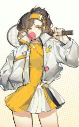 Rule 34 | 1girl, akechi (826988799), braces, brown eyes, brown hair, blowing bubbles, chewing gum, cowboy shot, dress, hairband, highres, holding tennis racket, jacket, jewelry, long hair, long sleeves, looking at viewer, neck ring, official alternate costume, open clothes, open jacket, pleated skirt, reverse:1999, skirt, solo, tooth fairy (ace through the bagel) (reverse:1999), tooth fairy (reverse:1999), weibo watermark, white background, white jacket, white skirt, yellow background, yellow dress, yellow hairband