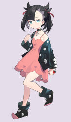 Rule 34 | 1girl, ankle boots, asymmetrical bangs, black choker, black footwear, black hair, black jacket, boots, choker, collarbone, commentary request, creatures (company), dress, game freak, green eyes, hair ribbon, hand up, highres, holding, holding poke ball, jacket, leg up, looking at viewer, marnie (pokemon), measho, nintendo, off shoulder, open clothes, open jacket, pink dress, poke ball, poke ball (basic), pokemon, pokemon swsh, red ribbon, ribbon, solo, twintails