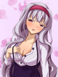 Rule 34 | 1girl, blush, body blush, breasts, buttons, cleavage, collarbone, dress, female focus, hairband, head tilt, highres, idolmaster, idolmaster (classic), large breasts, long hair, looking at viewer, mei ichi, open mouth, pink eyes, shijou takane, silver hair, solo, unbuttoned, uniform, upper body, wavy hair