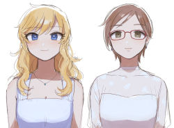 Rule 34 | 2girls, aikawa chinatsu, bare shoulders, blonde hair, blue eyes, blush, breasts, brown eyes, brown hair, chiyoko (tykchiyo), closed mouth, collarbone, commentary request, dress, earrings, glasses, idolmaster, idolmaster cinderella girls, jewelry, long hair, long sleeves, looking at viewer, medium breasts, multiple girls, necklace, ohtsuki yui, pendant, shirt, short hair, simple background, sketch, sleeveless, sleeveless dress, smile, striped clothes, striped shirt, sweater, upper body, wavy hair, white background, white dress