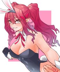 Rule 34 | 1boy, 1girl, absurdres, animal ears, baobhan sith (fate), bare shoulders, black gloves, black leotard, blush, bow, breasts, cleavage, detached collar, fake animal ears, fate/grand order, fate (series), fujimaru ritsuka (male), gloves, grey eyes, hair ornament, highres, leotard, long sleeves, niwaikanai, out of frame, pink background, pink hair, playboy bunny, pointy ears, ponytail, rabbit ears, rabbit tail, red bow, sidelocks, smile, solo focus, tail, teeth, twintails, two-tone background, white background