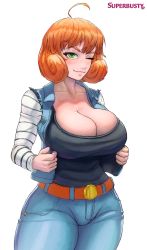 Rule 34 | 1girl, ahoge, android 18, android 18 (cosplay), artist name, belt, black shirt, breasts, cleavage, collarbone, cosplay, crossover, curvy, denim, denim jacket, dragonball z, freckles, green eyes, highres, jacket, jeans, large breasts, long sleeves, looking at viewer, one eye closed, pants, penny polendina, rwby, shirt, short hair, smile, solo, striped sleeves, superbusty, thick thighs, thighs, white background, wide hips, wink