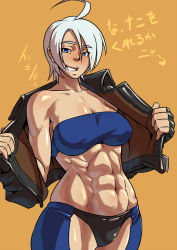 Rule 34 | 1girl, abs, ahoge, angel (kof), bad id, bad pixiv id, bikini, bikini bottom only, blue eyes, blush, breasts, chaps, cleavage, cowboy shot, cropped jacket, dark-skinned female, dark skin, female focus, fingerless gloves, gloves, grin, jacket, large breasts, leather, leather jacket, mikoyan, muscular, muscular female, navel, short hair, smile, snk, solo, strapless, swimsuit, the king of fighters, toned, translation request, tube top, undressing, white hair