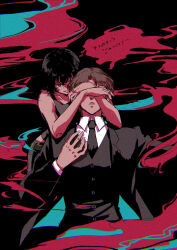 Rule 34 | 1boy, 1girl, always omochi, bare arms, bare shoulders, black background, black hair, black jacket, black necktie, black pants, black shirt, black vest, brown hair, collared shirt, covered eyes, covering another&#039;s eyes, facing viewer, formal, freckles, hand up, hatohara mirai, highres, hug, hug from behind, jacket, long sleeves, looking at another, midriff, necktie, ninomiya masataka, ninomiya squad&#039;s uniform, one eye covered, open mouth, pants, shirt, short hair, sleeveless, sleeveless shirt, smirk, smoke, suit, translation request, two-sided fabric, two-sided jacket, vest, whispering, white shirt, world trigger