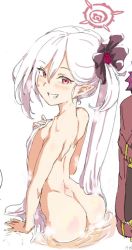 Rule 34 | 1girl, ass, back, bathing, blue archive, blush, breasts, clearite, grin, halo, long hair, looking at viewer, looking back, mutsuki (blue archive), nude, pointy ears, red eyes, side ponytail, small breasts, smile, solo, very long hair, wading, wet, white hair
