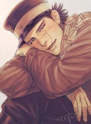 Rule 34 | 1boy, absurdres, bad id, bad pixiv id, black hair, blush, brown coat, brown hair, brown pants, brown scarf, buttons, coat, eyebrows, facial scar, golden kamuy, grey background, grey hat, hat, highres, imperial japanese army, kepi, long sleeves, looking at viewer, male focus, military, military hat, military uniform, mprichin, pants, parted lips, scar, scar on cheek, scar on face, scar on mouth, scar on nose, scarf, short hair, signature, simple background, sitting, smile, solo, spiked hair, star (symbol), sugimoto saichi, two-tone headwear, uniform, upper body, yellow hat