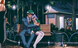 Rule 34 | 1990s (style), 2 shot diary 2, 3boys, 4boys, 4girls, bench, game cg, kaori (2 shot diary 2), legs together, may-be soft, multiple boys, multiple girls, night, outdoors, park bench, pc98, public indecency, retro artstyle, sitting, tagme, trash can