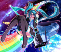 Rule 34 | 1girl, aqua hair, blue eyes, boots, detached sleeves, earth (planet), female focus, full body, grand piano, hatsune miku, headphones, headset, instrument, legs, long hair, musical note, navel, necktie, pairan, piano, rainbow, skirt, smile, solo, space, thigh boots, thighhighs, twintails, vocaloid, zettai ryouiki