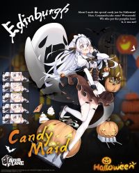 Rule 34 | 1girl, apron, azur lane, blue eyes, blush, braid, candy, character name, closed eyes, commentary, copyright name, edinburgh (azur lane), edinburgh (candy maid) (azur lane), english commentary, english text, expressions, food, french braid, ghost, gold bar, halloween, halloween costume, highres, jack-o&#039;-lantern, jacknavy, maid, maid apron, maid headdress, official alternate costume, official art, open mouth, panties, pumpkin, round eyewear, side-tie panties, side braids, smile, solo, surprised, thighhighs, underwear, untied panties, unworn panties, white apron, white hair