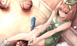 Rule 34 | 1girl, ball, bare shoulders, basketball, basketball (object), basketball uniform, blue eyes, blush, bottle, brand name imitation, breasts, brown hair, collarbone, commentary request, fuu (fuore), go-toubun no hanayome, green ribbon, green shirt, green shorts, hair between eyes, hair ribbon, highres, indoors, knees together feet apart, looking at viewer, medium breasts, nakano yotsuba, ribbon, shirt, shoes, short hair, shorts, sitting, sleeveless, sleeveless shirt, smile, sneakers, solo, sportswear, sweat, water bottle, white footwear, wooden floor