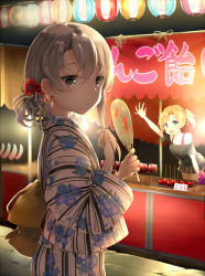 Rule 34 | 10s, 2girls, alternate costume, arm up, asymmetrical hair, backlighting, blonde hair, blue eyes, blush, candy apple, casual, eyebrows, festival, flipped hair, floral print, flower, food, food stand, from side, grey eyes, hair between eyes, hair flower, hair ornament, hand fan, highres, holding, holding fan, japanese clothes, kantai collection, kimono, lantern, leaning forward, looking at viewer, looking to the side, maikaze (kancolle), multiple girls, nowaki (kancolle), obi, off shoulder, open mouth, outdoors, paper fan, paper lantern, parted bangs, pleated skirt, ponytail, pouch, sash, short hair, silver hair, skirt, smile, somalisu, summer festival, uchiwa, yukata